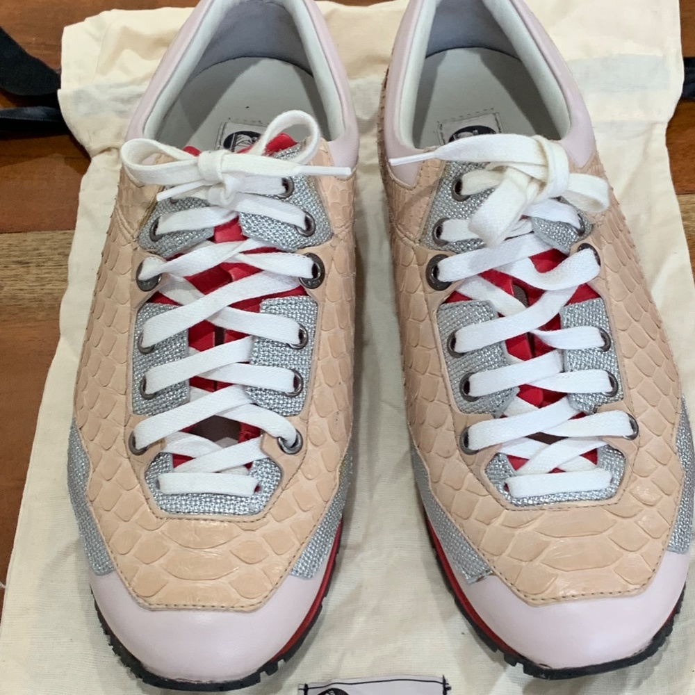 Lanvin Sneakers pink red silver python exotic lambskin lace up 39 us 9 Rose NWT - Picture 2 of 16